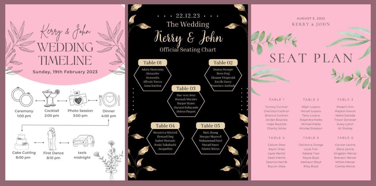 pink wedding signs and seating plans